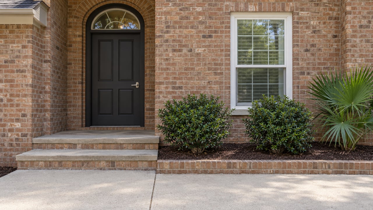 Warm brick house entrance with a recessed dark door, arched glass transom, and two shrubs beside the steps.