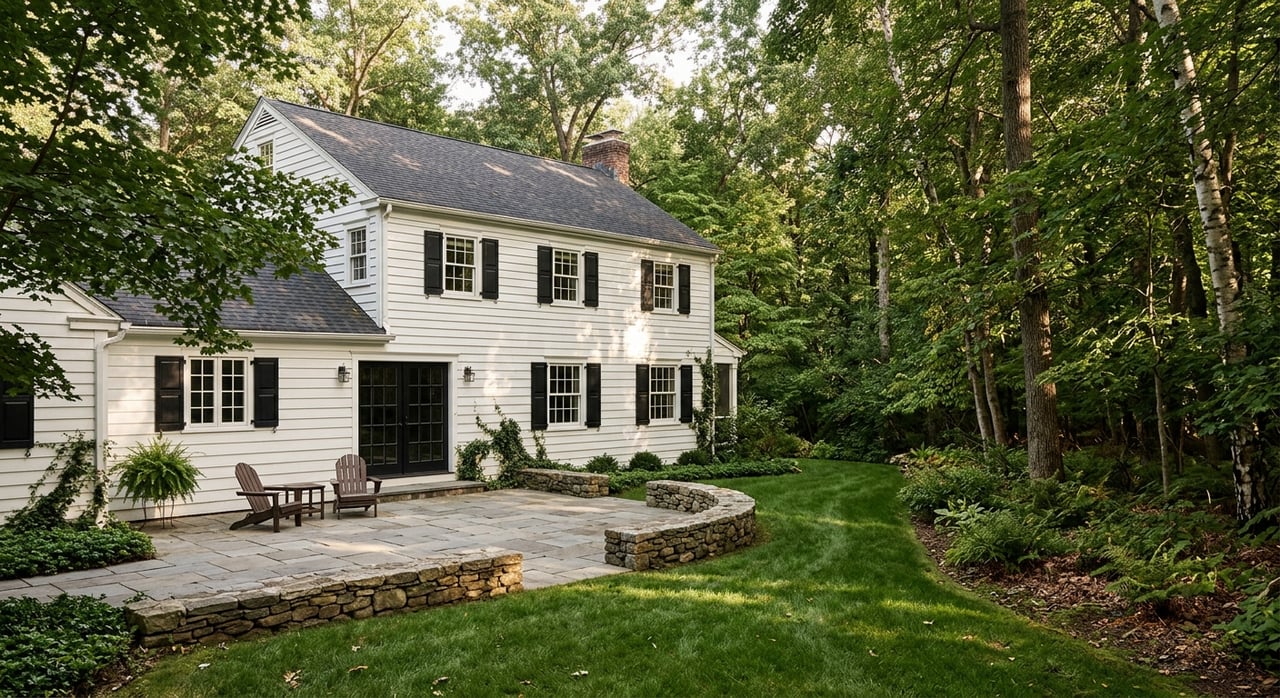 White clapboard house with French doors and shuttered windows beside a bluestone terrace and woods.