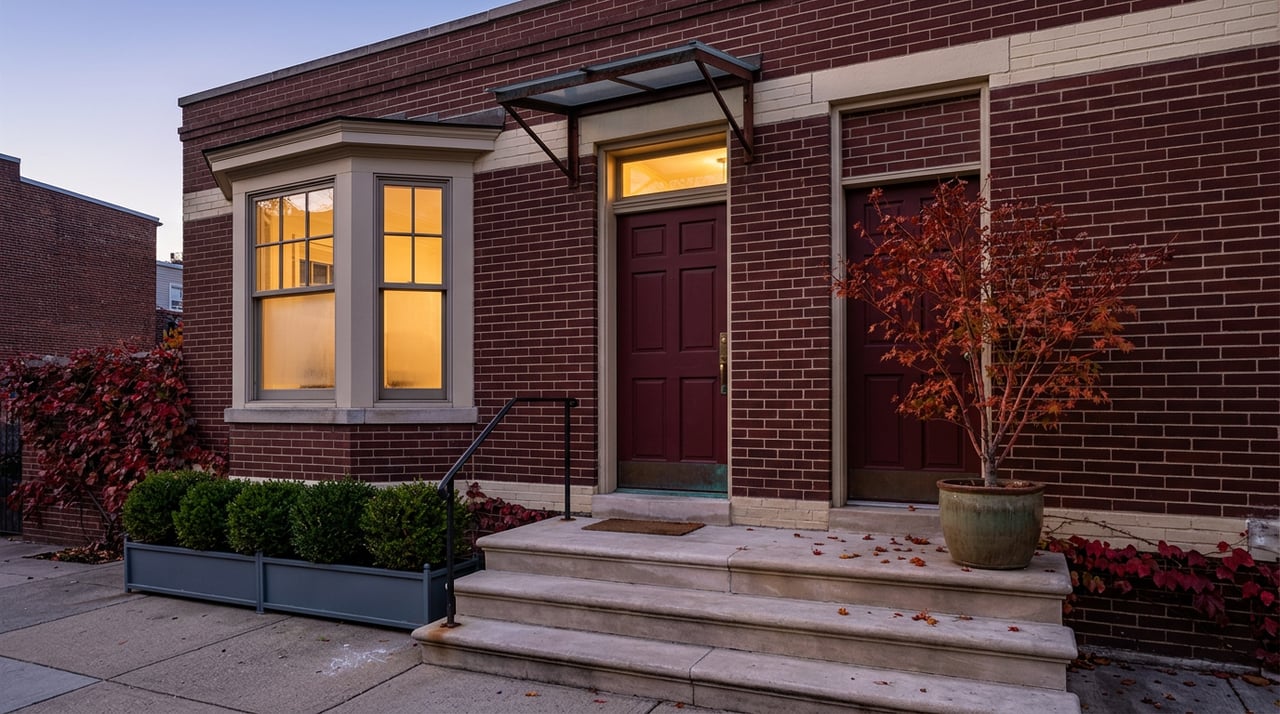 Brick rowhouse entry with an oxblood door, divided-pane bay window, limestone stoop, and red-orange autumn foliage.