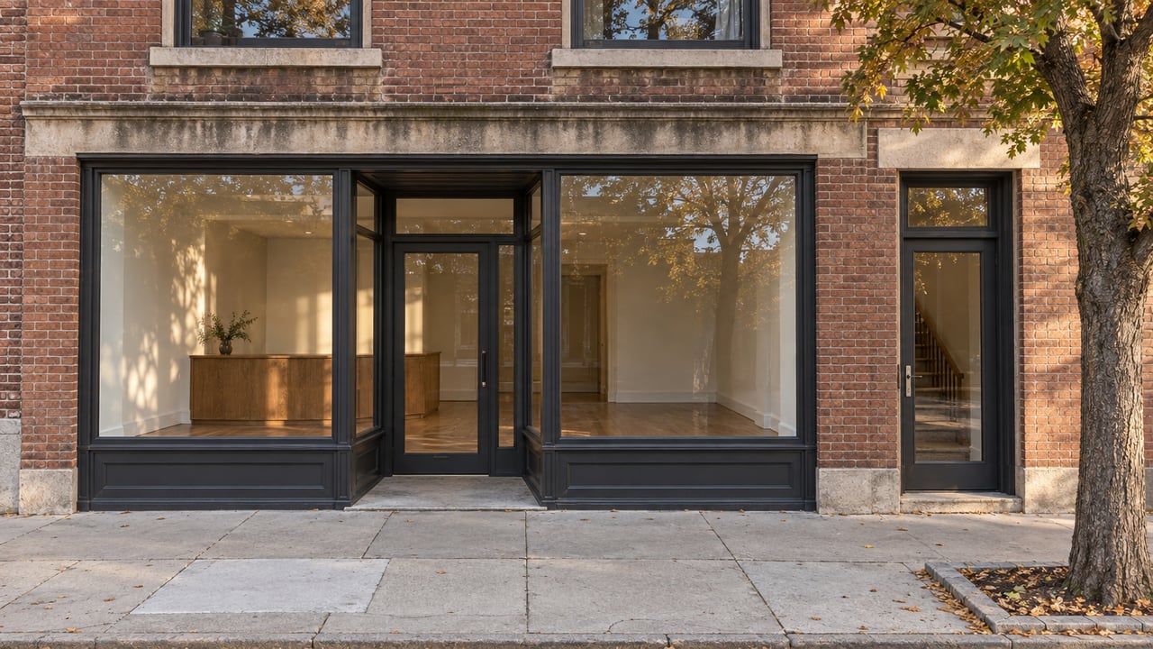Brick mixed-use storefront with separate residential entry, second-floor windows, and a tree growing beside the sidewalk.