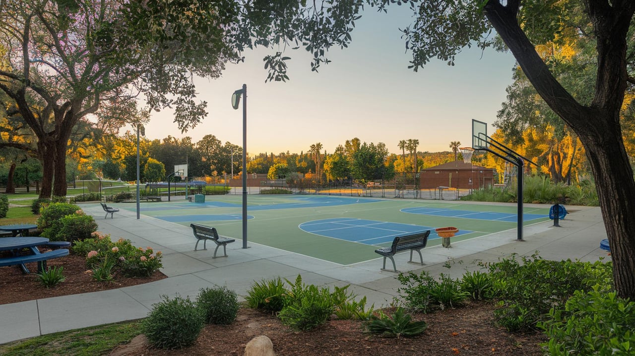 Outdoor basketball court with blue and green surfaces, hoops, benches, and trees in late-day light.