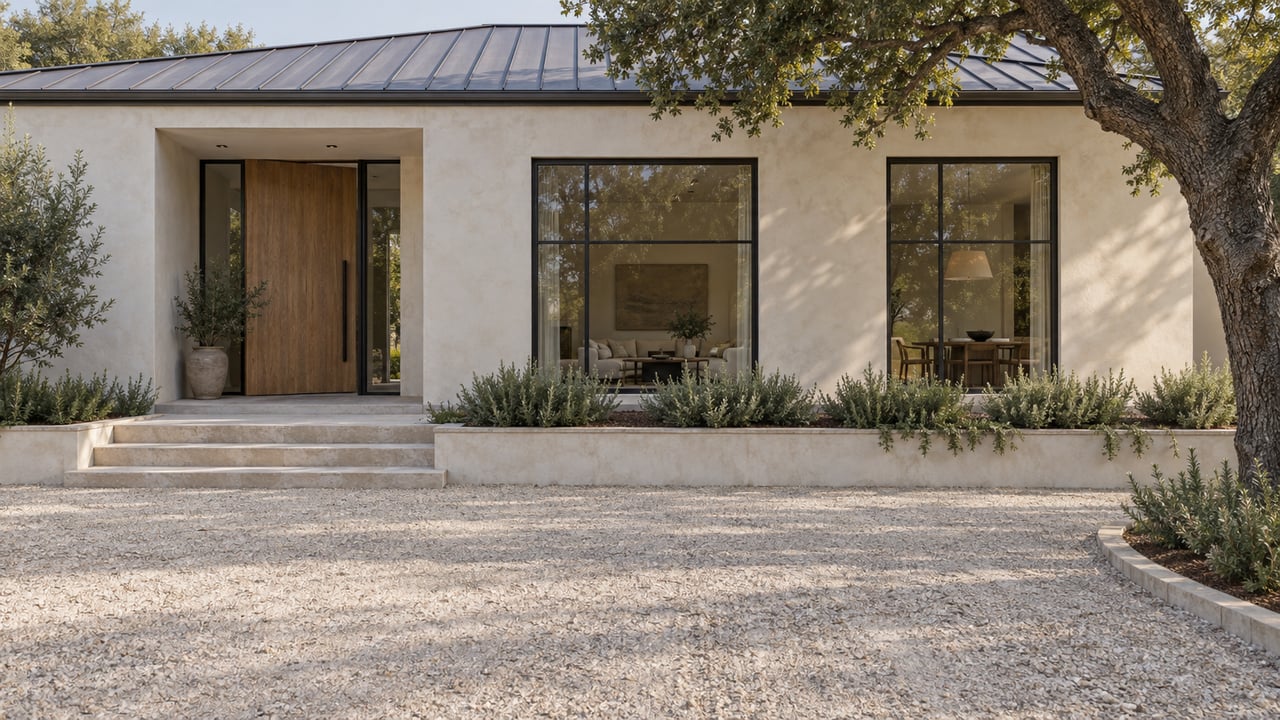 Estate house with an offset oak entry, two dark-framed windows, and a pale gravel arrival court.