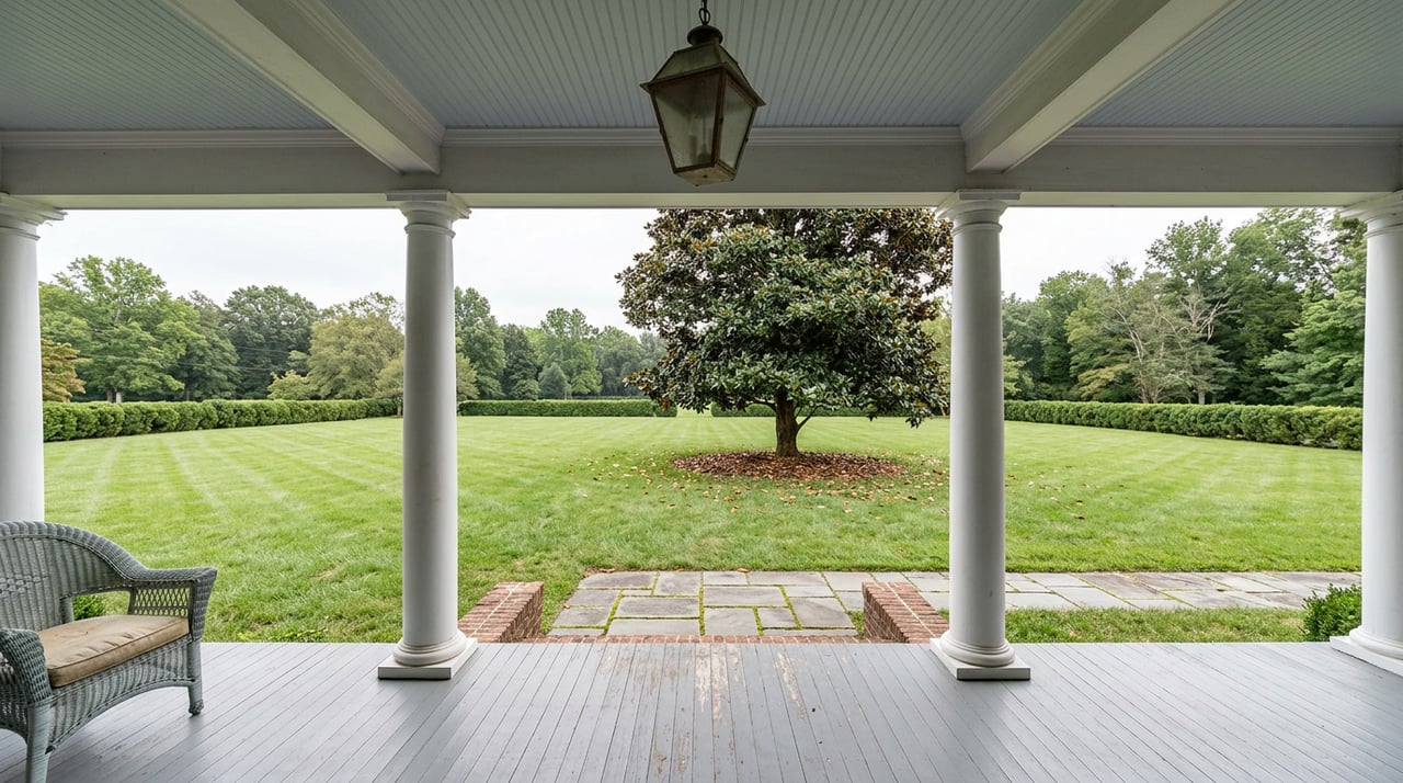 White porch columns frame a deep lawn, specimen magnolia, and clipped hedge beneath a blue-gray beadboard ceiling.