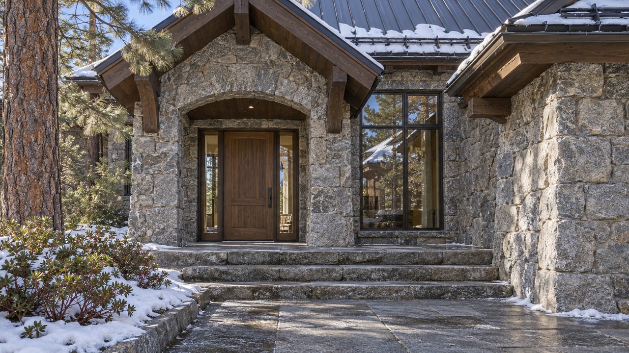 Snow traces the steep dark roofs and granite entry steps of a timber-and-stone home framed by a mature pine.