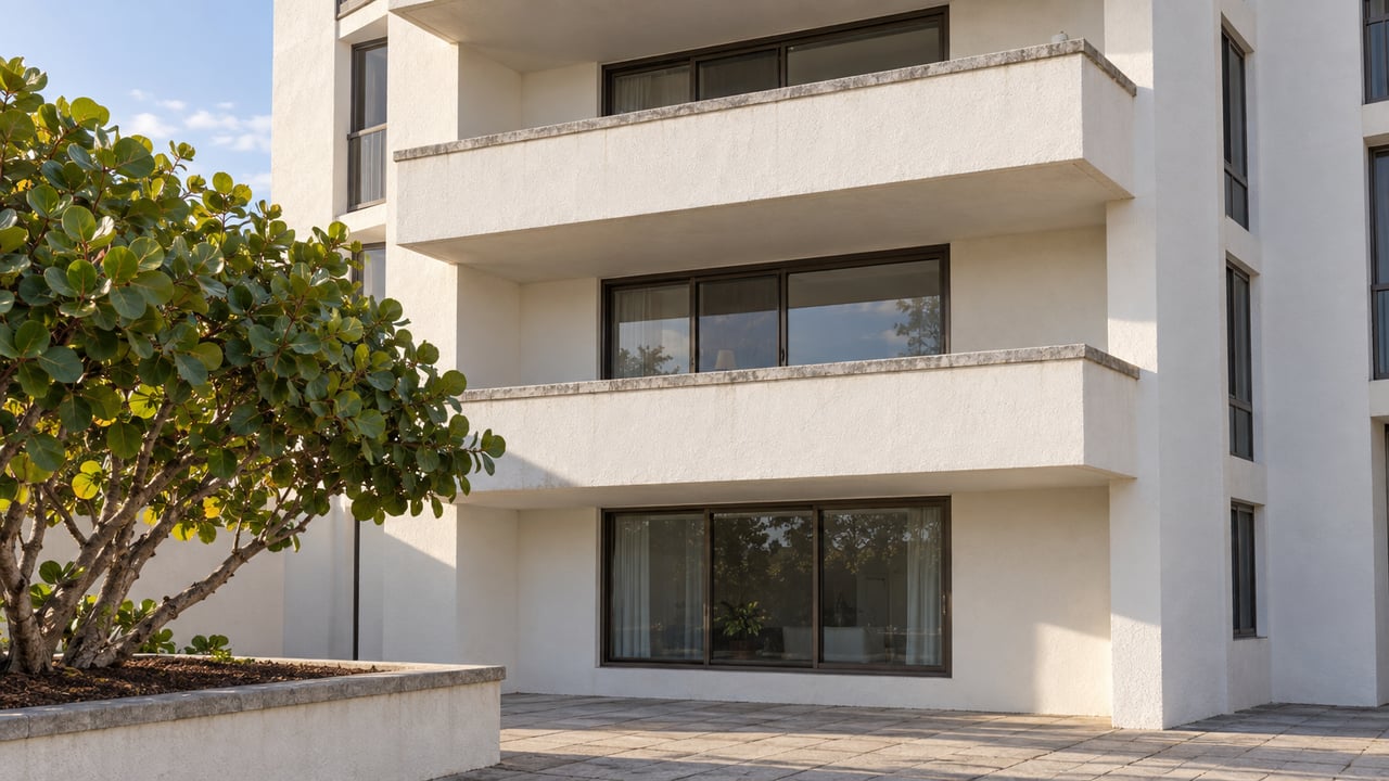 White stucco condominium balconies above dark-framed glazing, with a sculptural sea grape tree and pale gray courtyard paving.