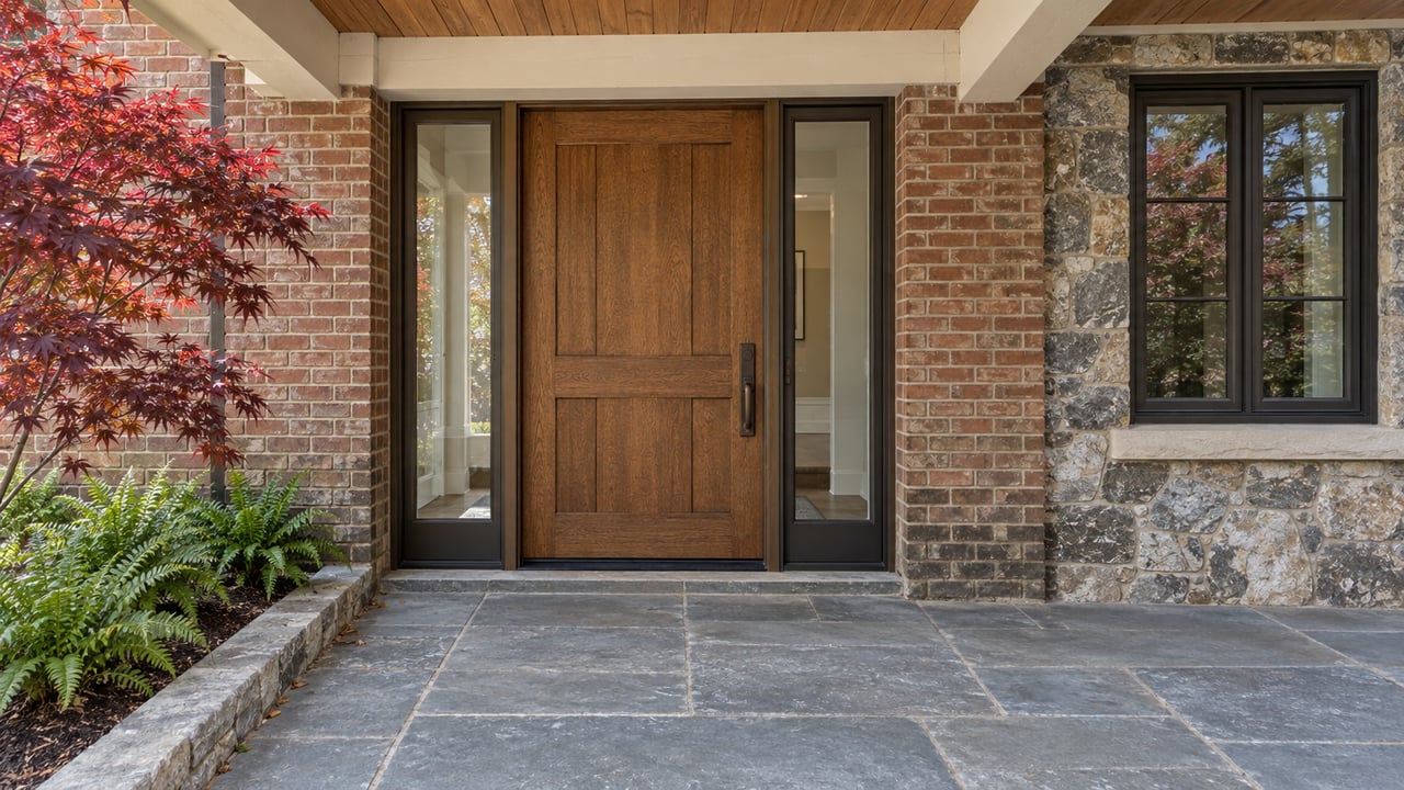 Covered brick-and-stone home entry with an oak door, matching glazed sidelights, a bluestone landing and scarlet maple leaves.