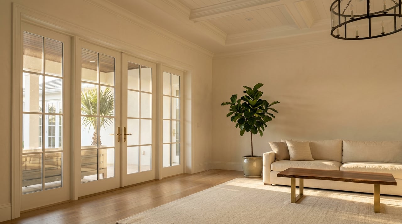 Luxury great room with cream sofa, walnut coffee table, French doors, and sunlight on white oak floors.