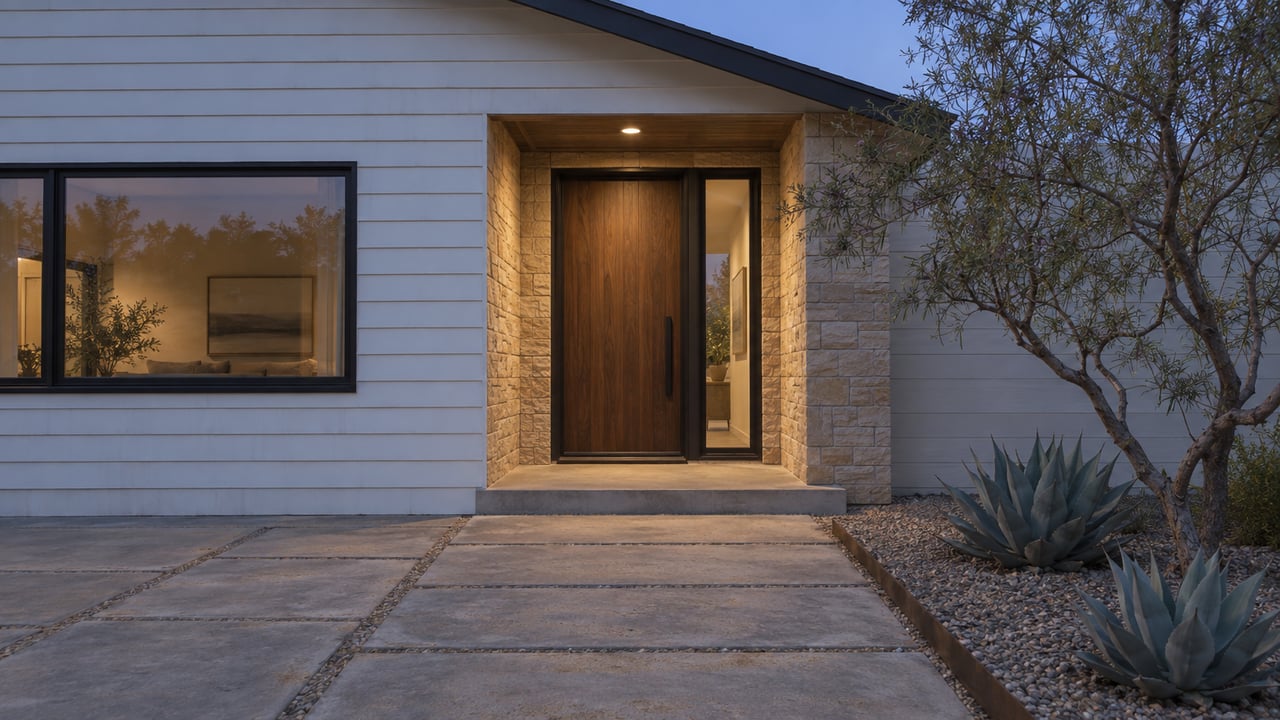 Contemporary white-sided home with a sandstone entry, walnut door, and warm porch light at predawn.