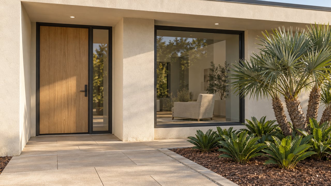 Cream stucco home entry with a sheltered oak door, dark-framed window, pale concrete pavers and silver-green palm planting.
