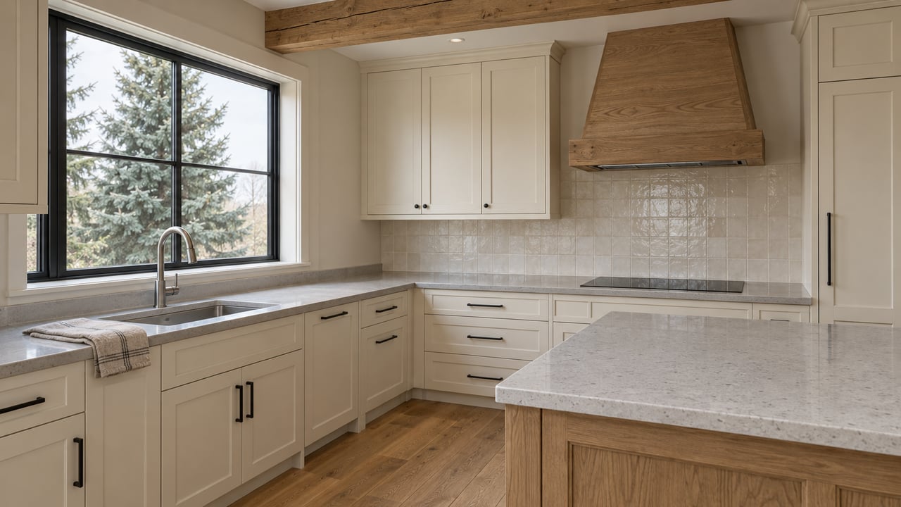Light kitchen with an oak island, cream cabinets, pale quartz counters and a closed black-framed window overlooking a mature white spruce.