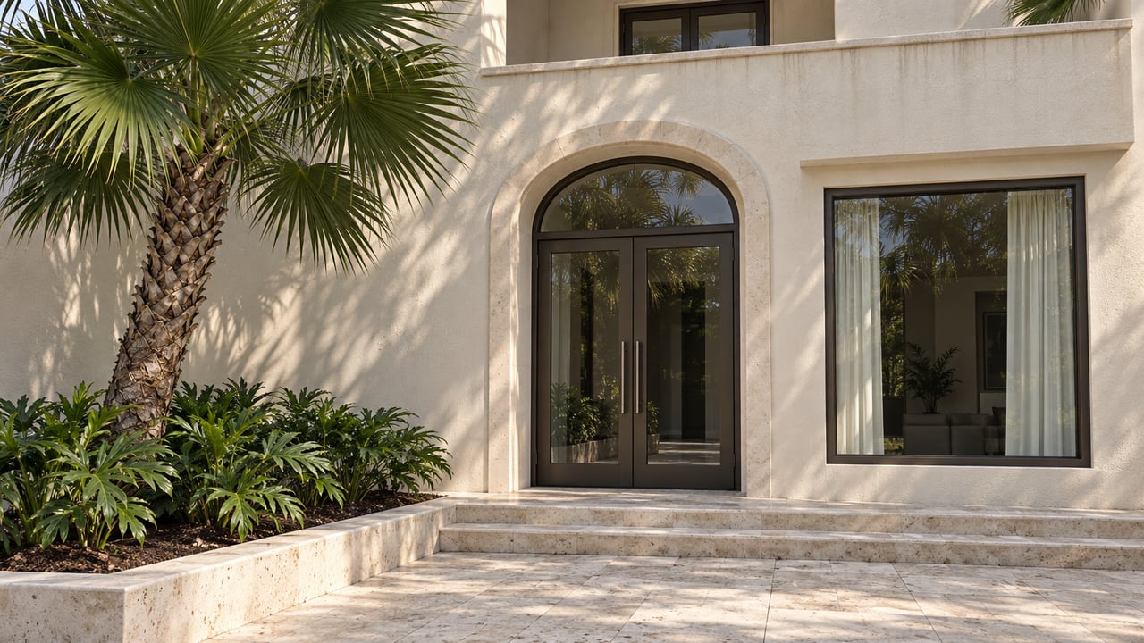 Cream stucco residential entrance with an arched bronze-framed doorway, limestone steps, a solid balcony and a specimen fan palm.