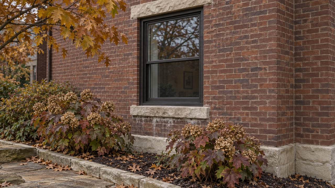 Closed bronze-framed window in a red-brown brick wall above hydrangeas and fallen ochre leaves.