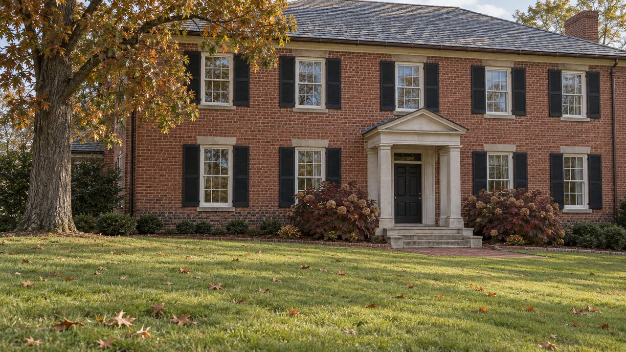 Red brick estate home with black shutters, a limestone portico, broad autumn lawn and a mature oak.