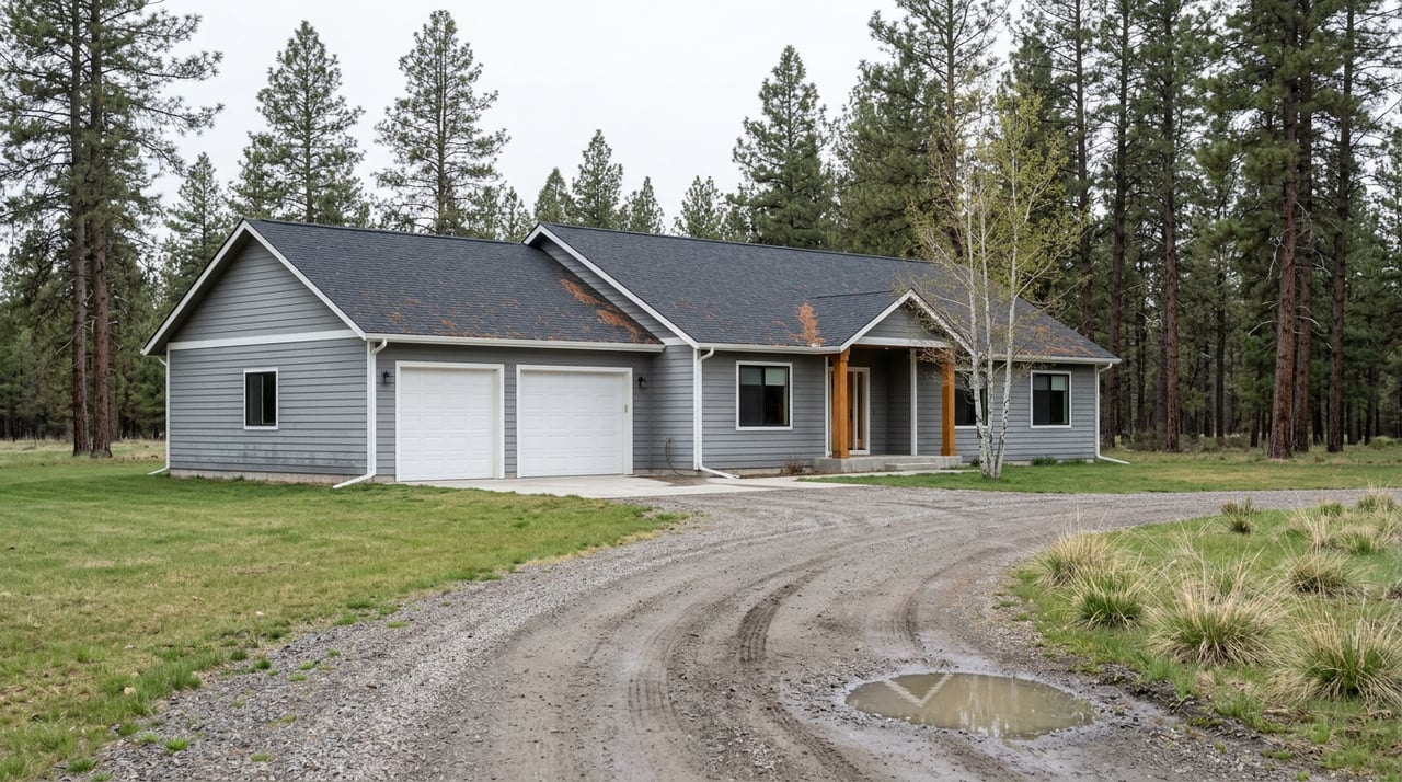 Single-story gray ranch home with white garage doors, a curving gravel drive, open lawn, and conifers beyond.