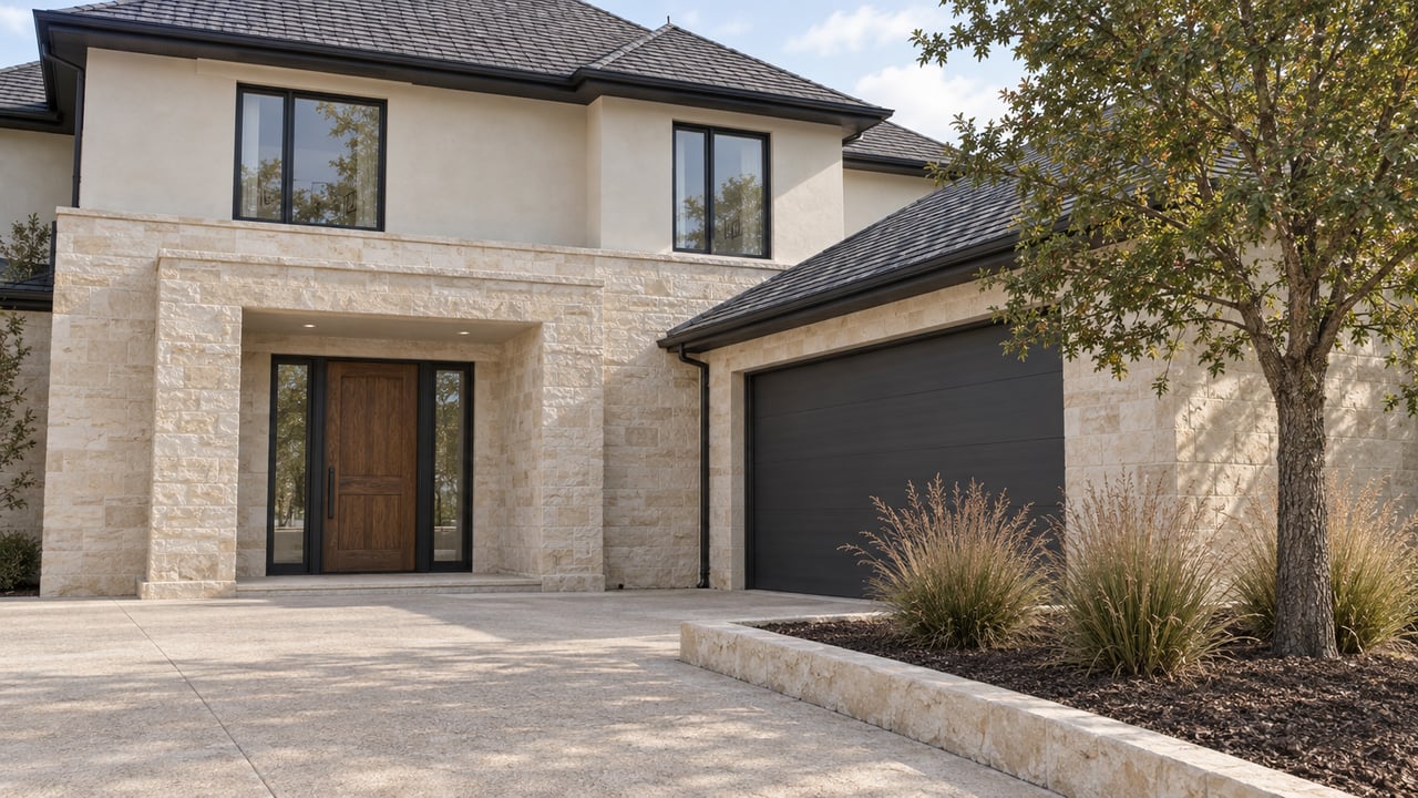 Limestone and ivory stucco home with a recessed oak entrance, dark garage door and a small raised planting bed beside the approach.
