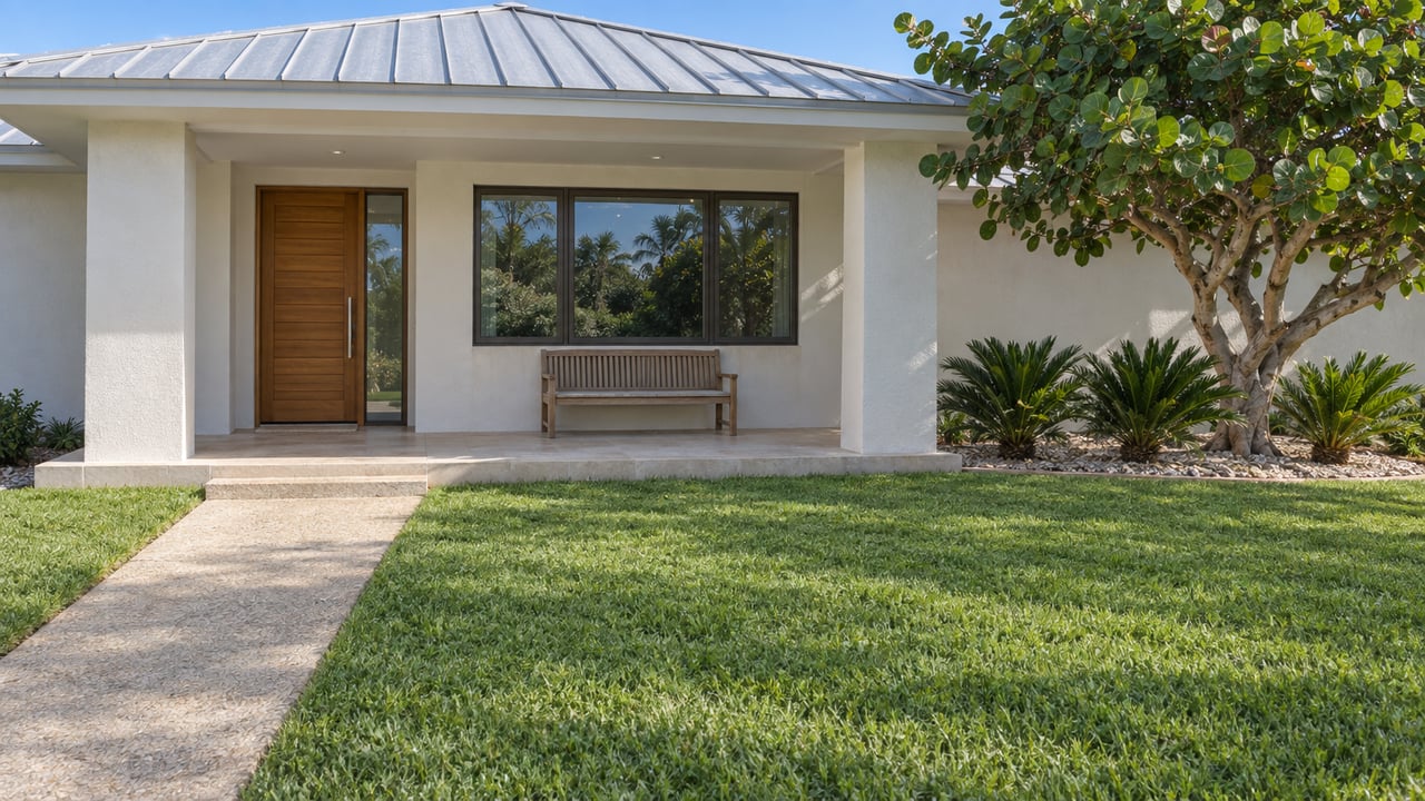 Sunlit single-story stucco home with a deep front lawn, covered tiled porch, timber door and mature sea grape tree.
