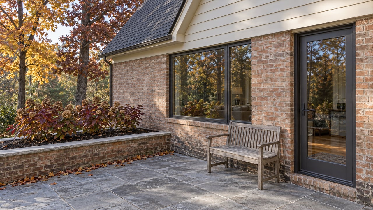 Autumn sunlight across a brick home's limestone terrace, closed glass door and raised planting bed beside mature trees.