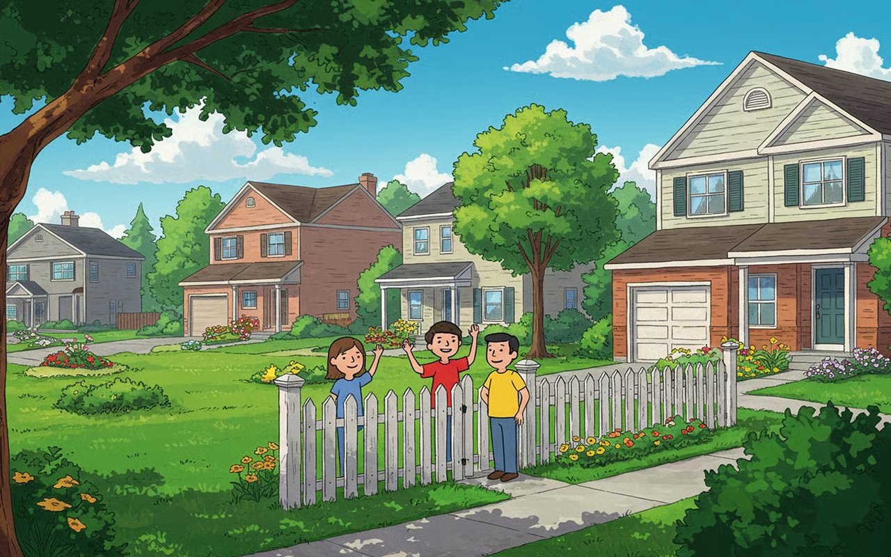 Suburban homes behind a white picket fence, with three children waving from the front yard.