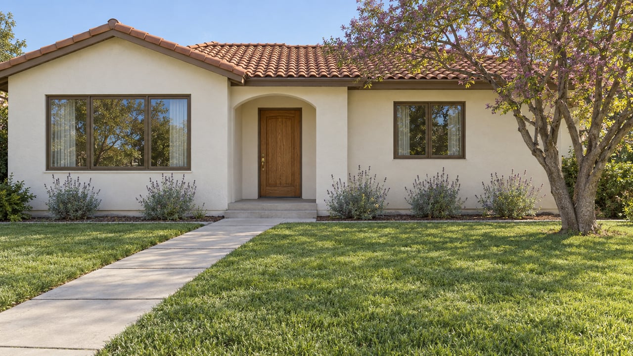 Cream stucco home with terracotta roof, recessed oak entry, broad front lawn, and a flowering tree beside the approach.