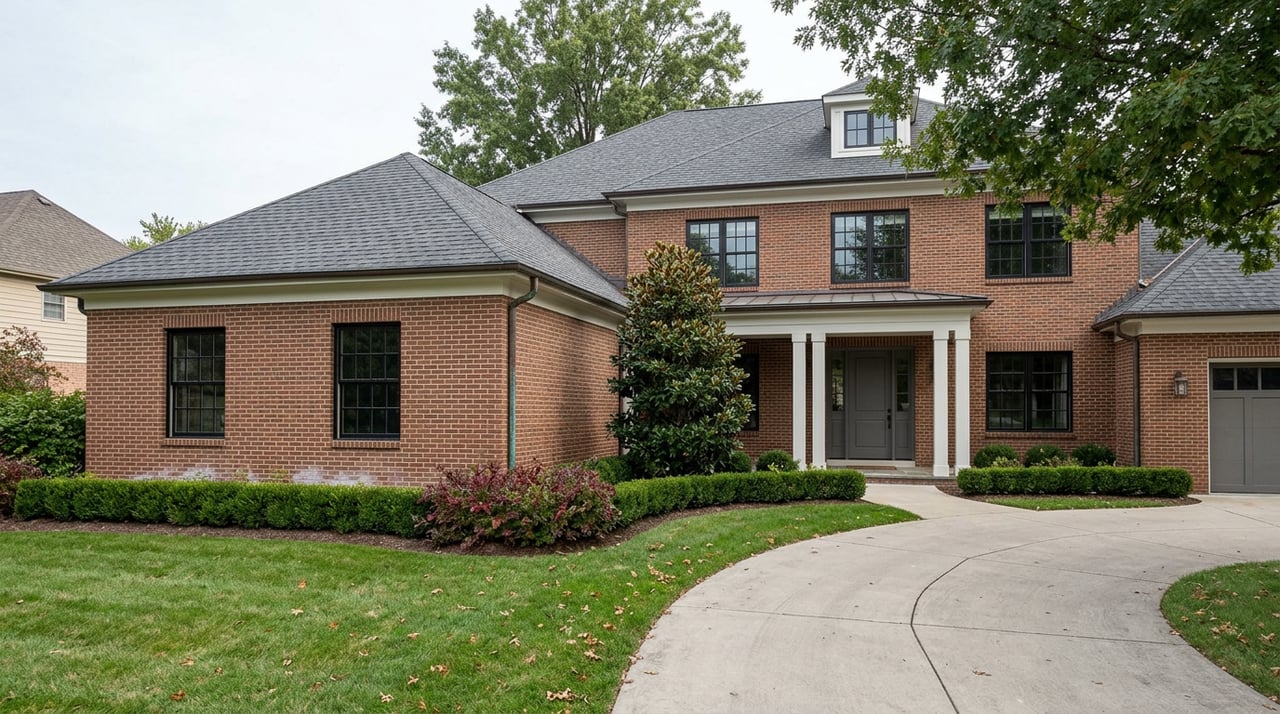 Brick estate home with a centered portico, curved driveway, clipped boxwood hedge, and wine-red sweetspire.