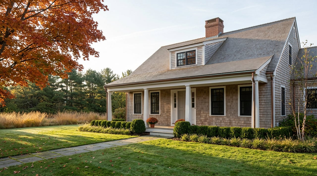 Shingle-style home with a brick chimney and covered porch, framed by an orange-red maple and clipped hedges.