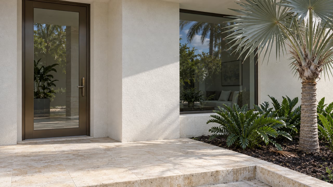 Sunlit pale stucco entry with bronze-framed glass, limestone terrace and a silver thatch palm beside coontie planting.