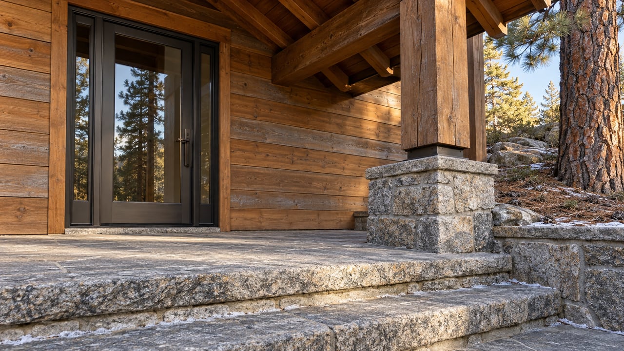 Weathered timber entry beneath deep eaves, with a closed glazed door, granite steps and a mature pine beside the landing.