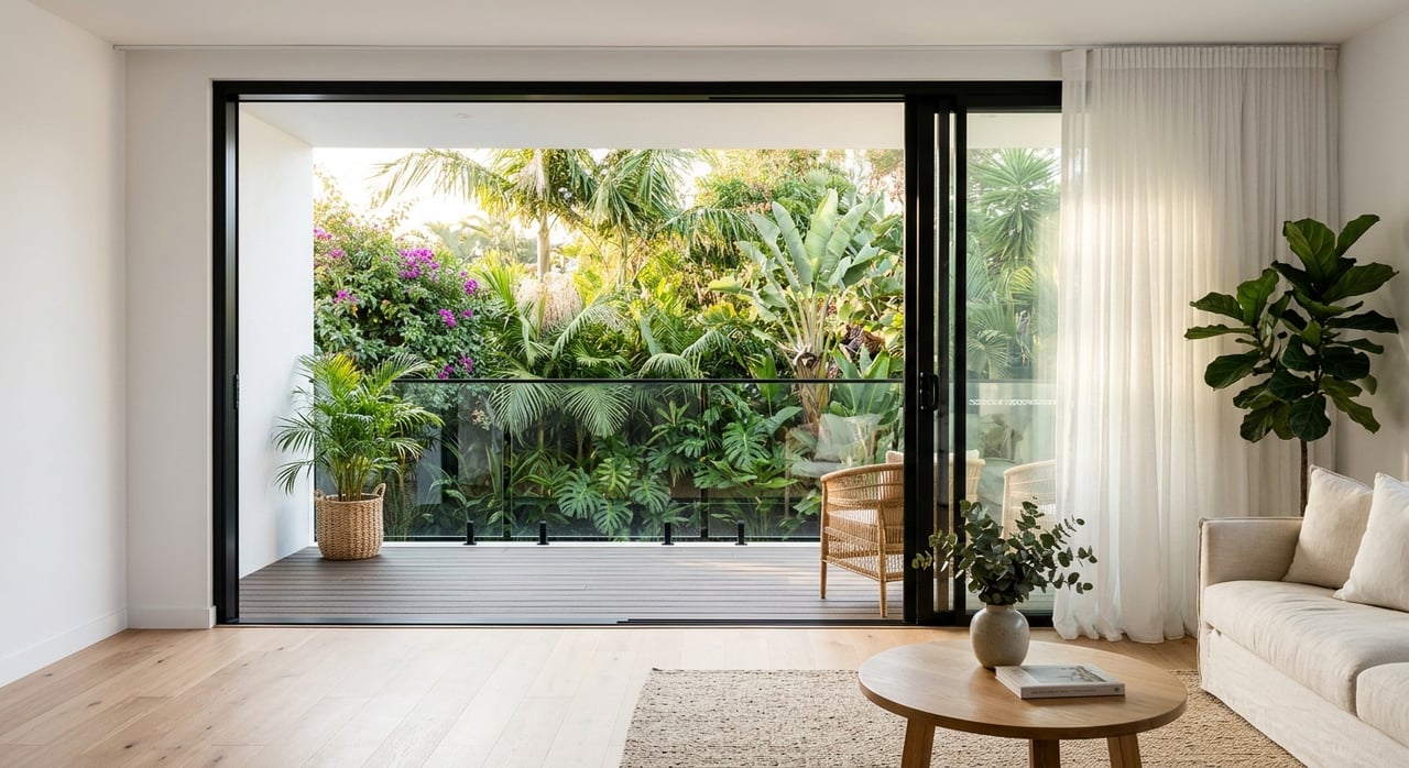 Black-framed glass doors open to a balcony with a clear railing and coastal plants, beside a white oak floor.