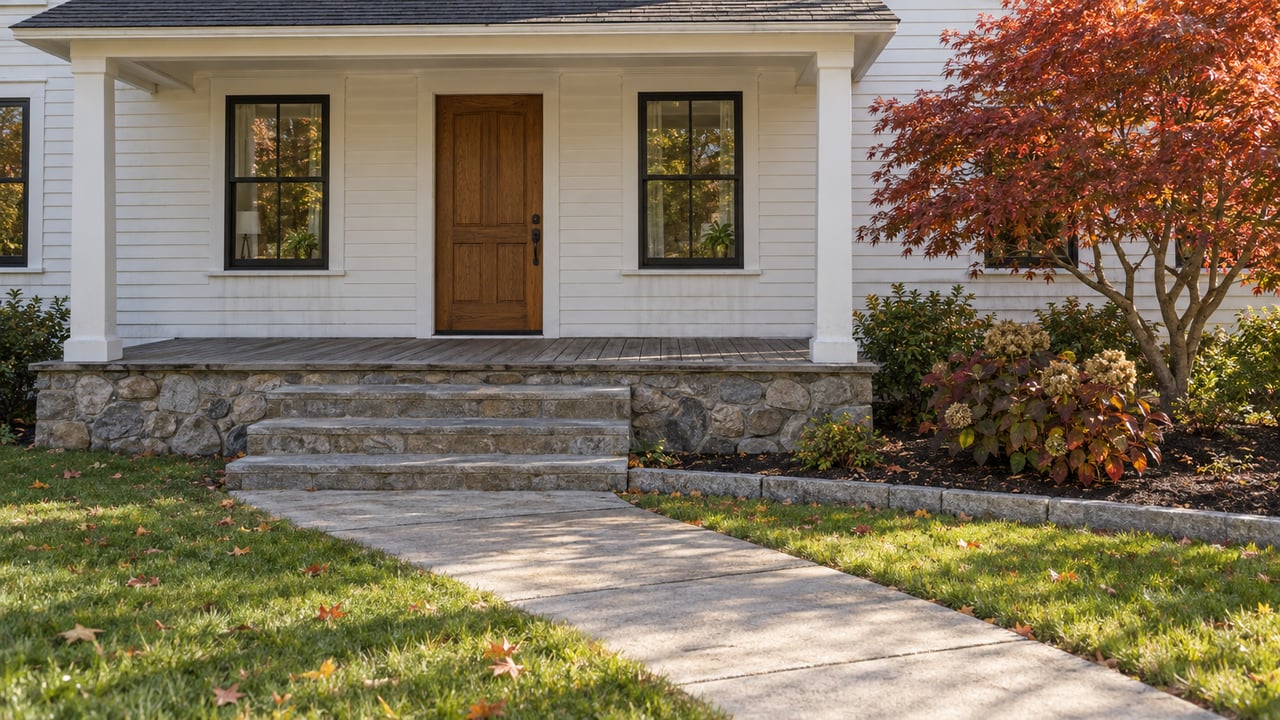 White clapboard home with black-framed windows, a covered wood porch, fieldstone base and a red-leaved maple beside the front walk.