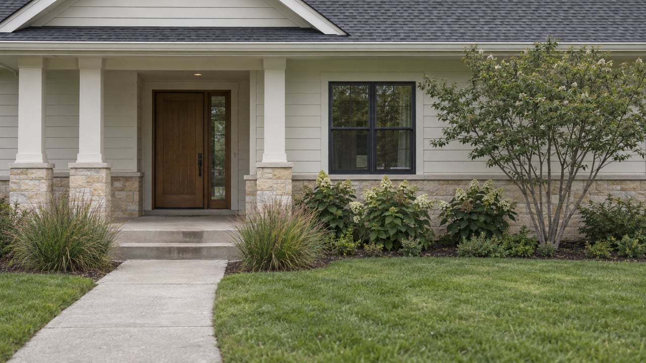 Off-white detached home with a recessed oak door, limestone porch base, and lawn bordered by shrubs and grasses.