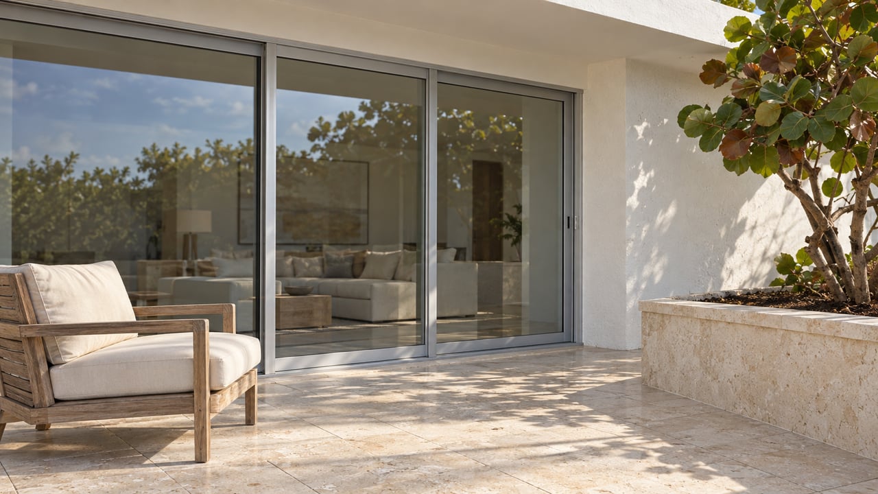 Sunlit limestone terrace beside closed sliding glass doors, with a teak lounge chair and a sculptural sea grape tree in a raised stone planter.
