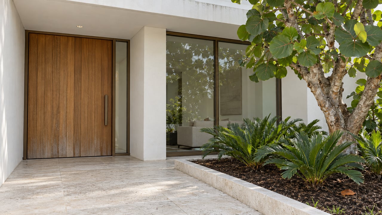 Low-angle close view of a white stucco home entrance with a teak door, bronze-framed glazing, limestone paving and a sea-grape tree.
