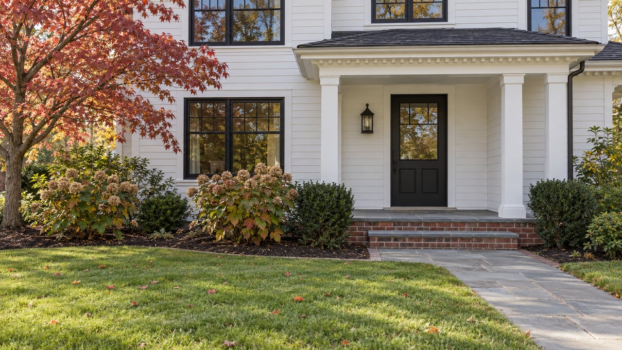 White clapboard house with a black front door, bluestone approach, broad lawn and autumn dogwood and oakleaf hydrangeas.