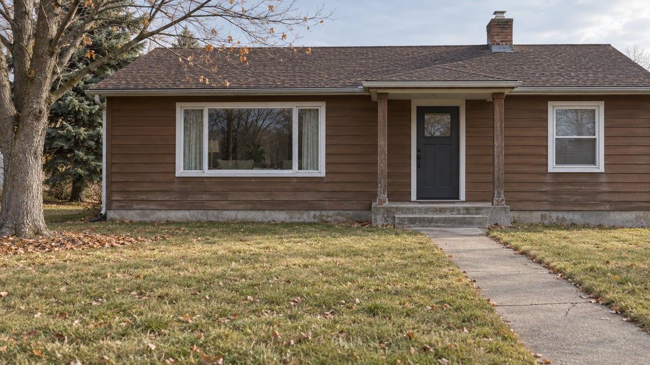 A modest brown wood-sided home with a covered concrete stoop, dormant front lawn and bare maple in cool late-autumn light.