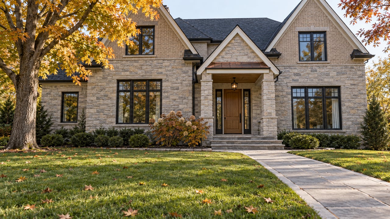 A gabled limestone and brick home beyond a deep autumn lawn, with black-framed windows, an oak entry door and a stone approach.