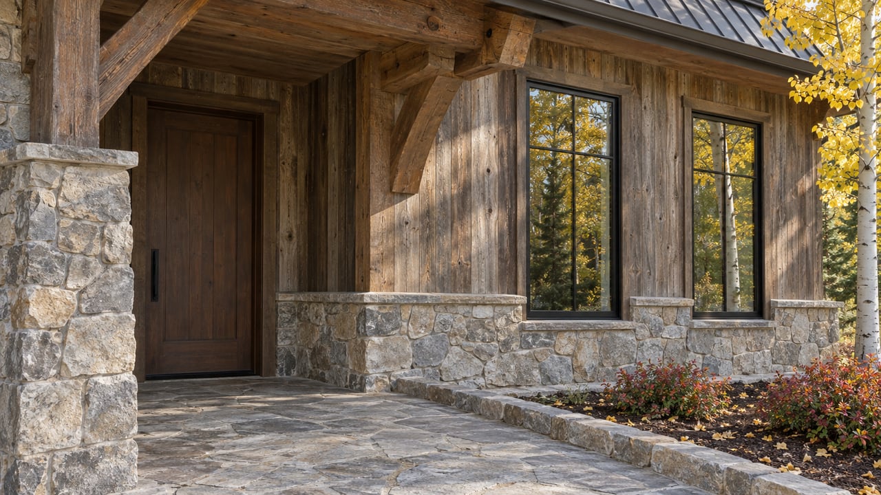 Autumn light on a timber entry overhang, weathered wood siding, gray-tan stonework and black-framed windows beside golden aspen foliage.