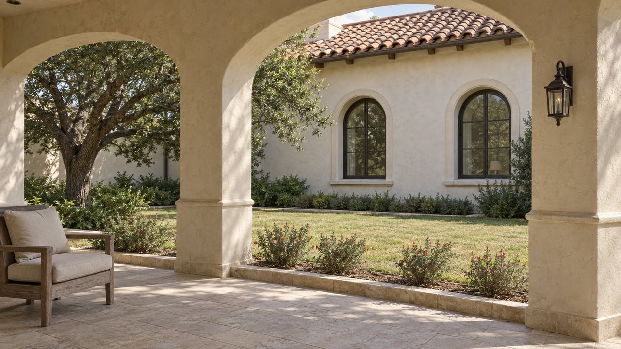 Cream stucco terrace with a rounded arch, limestone paving, terracotta roof tiles, and an established oak beside a sunlit garden.