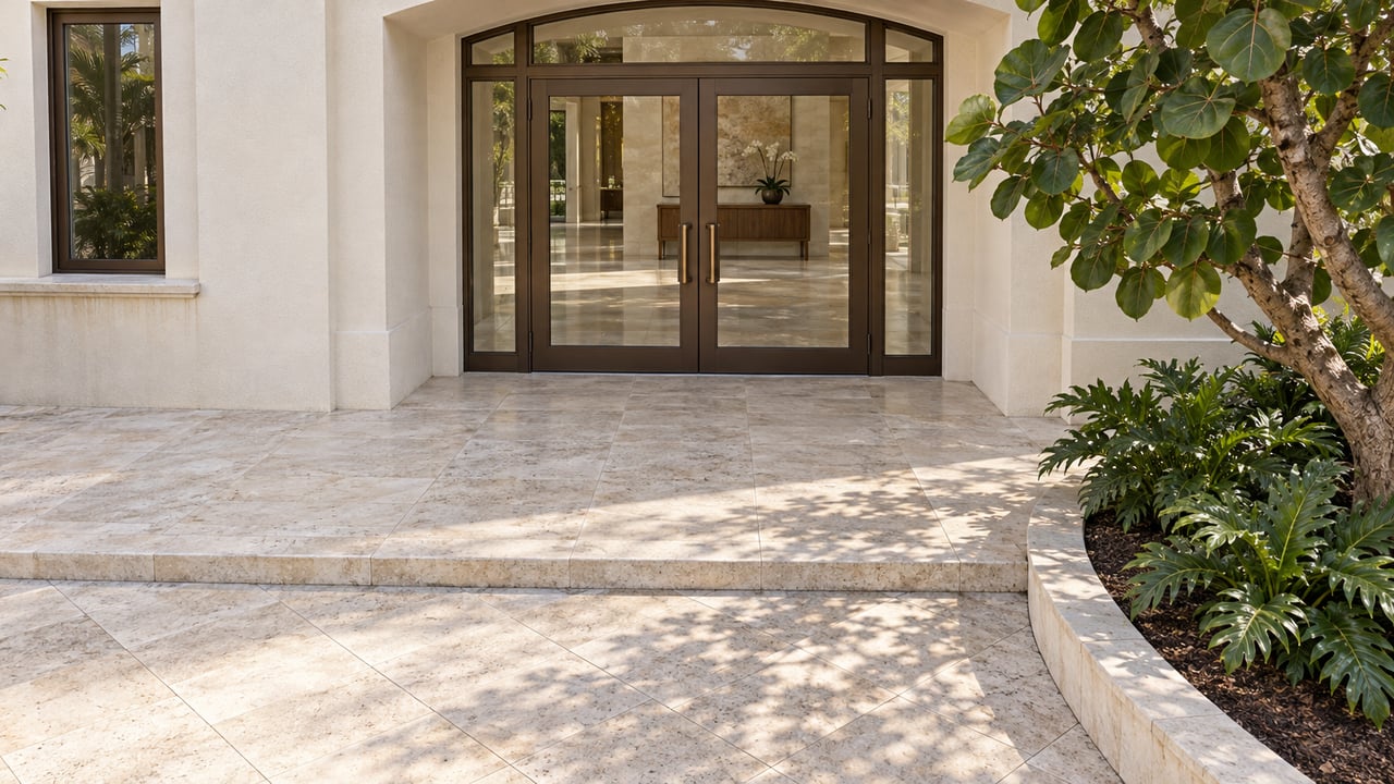 Ivory stucco condominium entrance with paired bronze-framed glass doors, limestone paving and a raised tropical planting bed.