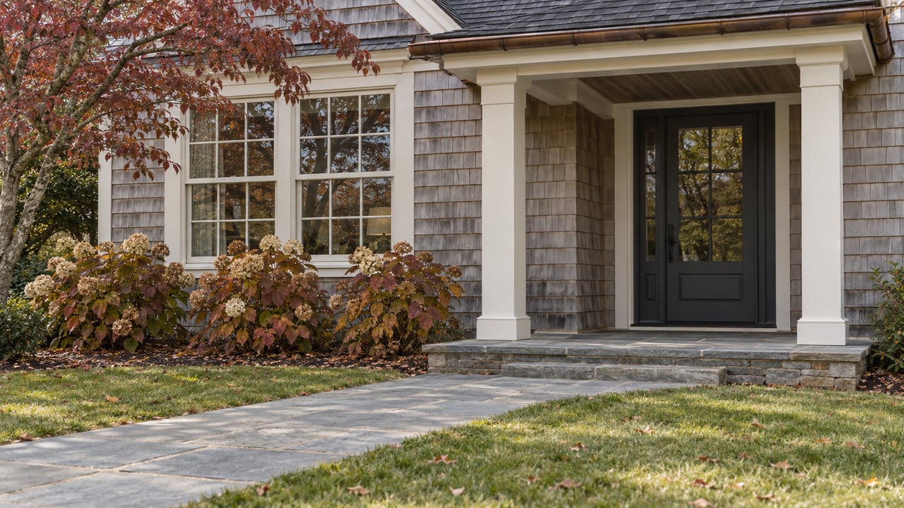 Weathered cedar-shingle home with a covered ivory-trimmed entry, bluestone approach and autumn flowering dogwood and oakleaf hydrangeas.