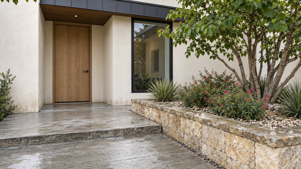 Rain-softened contemporary home entrance with an oak door, pale concrete steps, limestone planter and sculptural redbud.