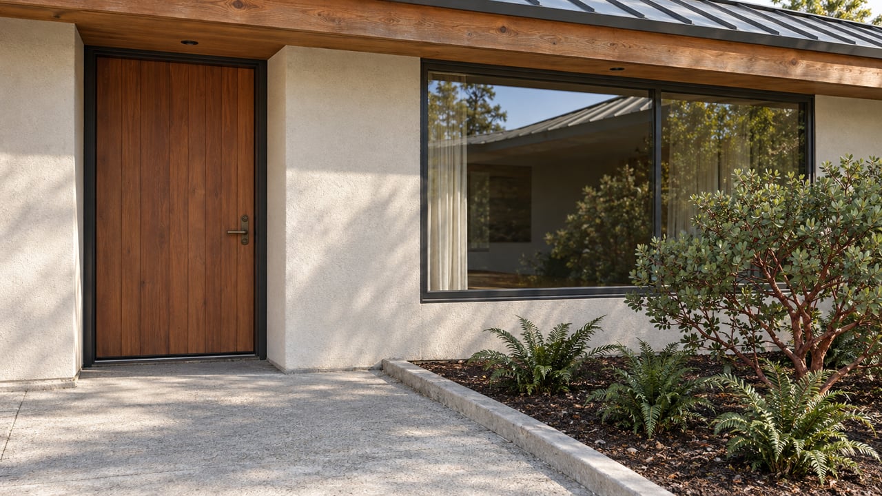 Redwood front door and broad dark-framed window beneath a timber roof overhang, with a concrete approach and a manzanita planting bed.