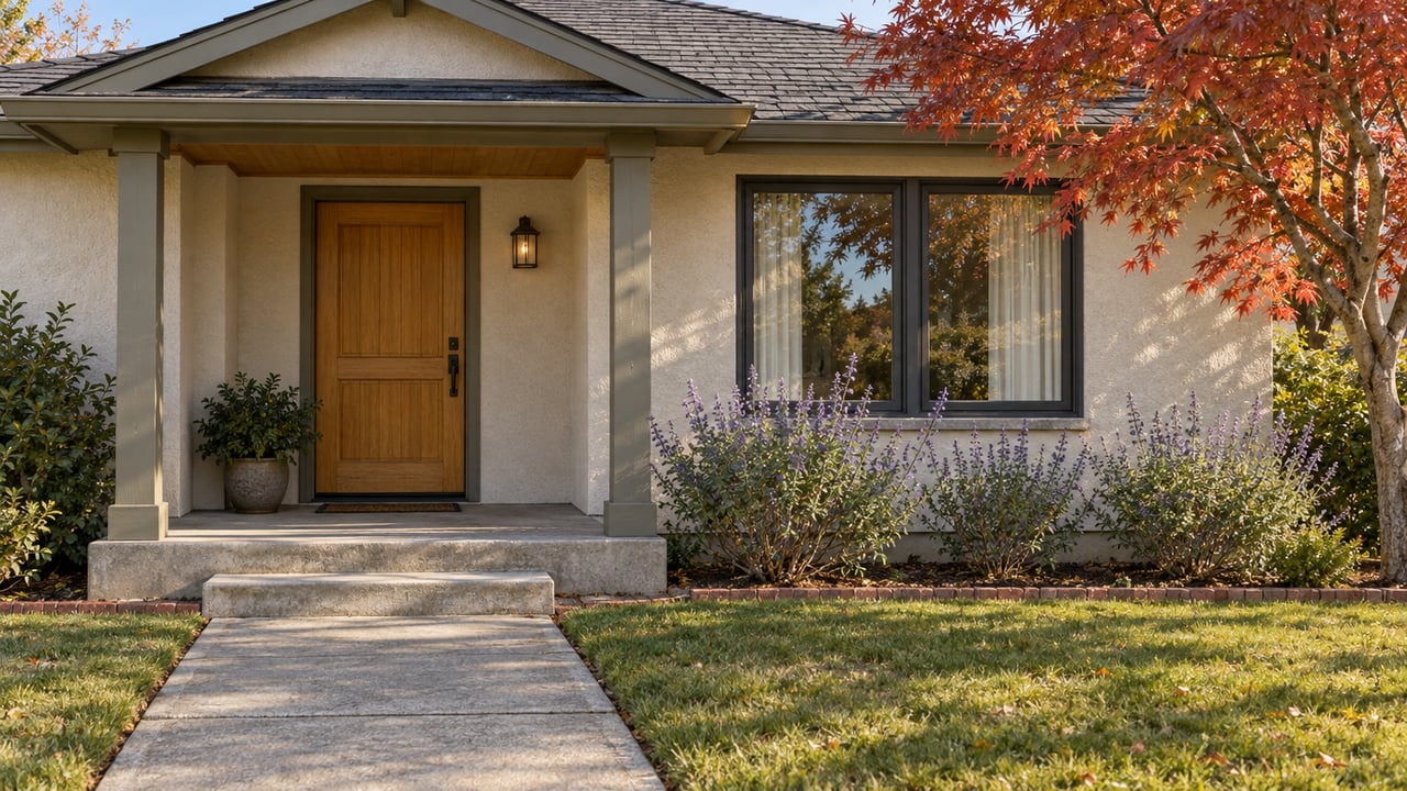 Autumn sunlight on a pale stucco home's sheltered oak entry, concrete approach, and copper-red Japanese maple.