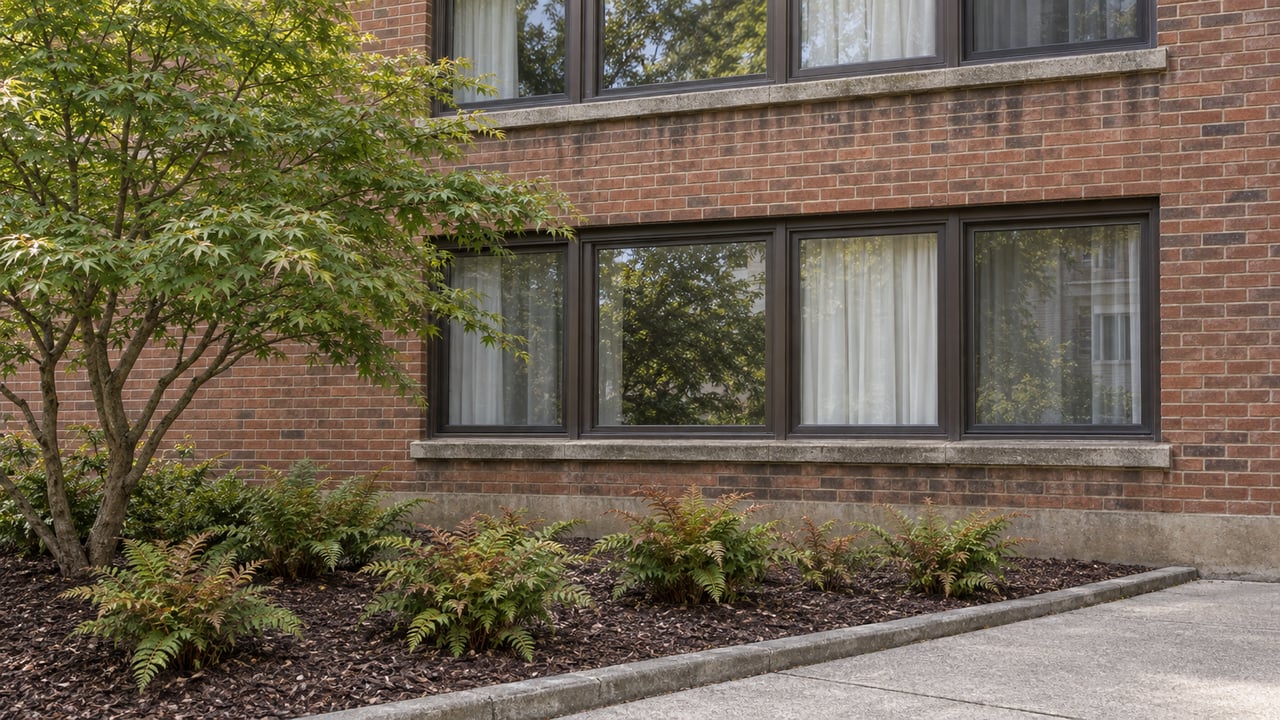 Weathered russet-brick residential facade with bronze-framed windows, linen curtains, a Japanese maple, and ferns beside a concrete approach.