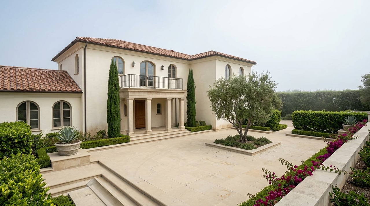 Cream stucco residence with a columned loggia, cypress trees, olive tree, and magenta bougainvillea around its stone motor court.