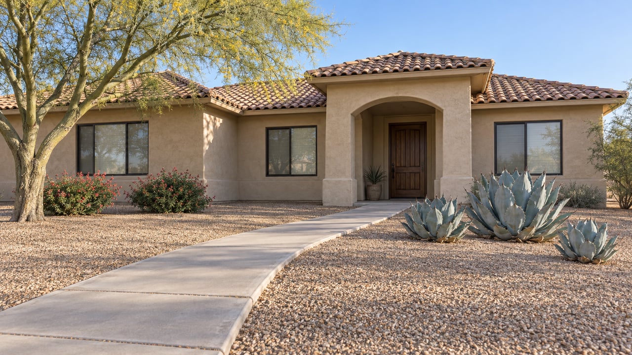 Sand-colored single-story home with a shaded arched entry, terracotta tile roof and spacious gravel garden beside a concrete approach.