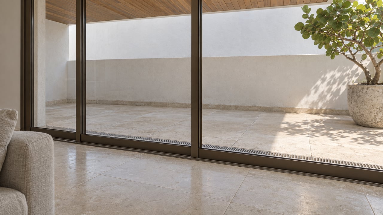 Close view of a limestone-floored living room opening through bronze-framed glass onto a covered stone terrace with a sea grape specimen.