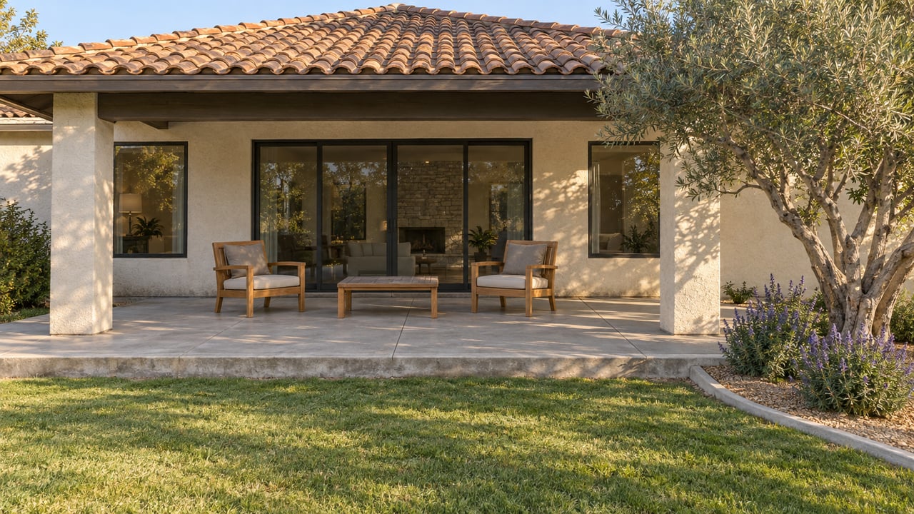 Home’s covered patio with lounge chairs and sliding glass doors overlooking a lawn and mature tree.