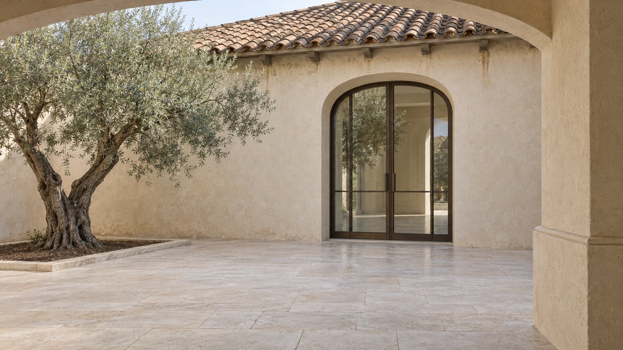 Cream-stucco estate courtyard with an arched bronze-framed glass doorway, pale limestone paving and one mature olive tree.