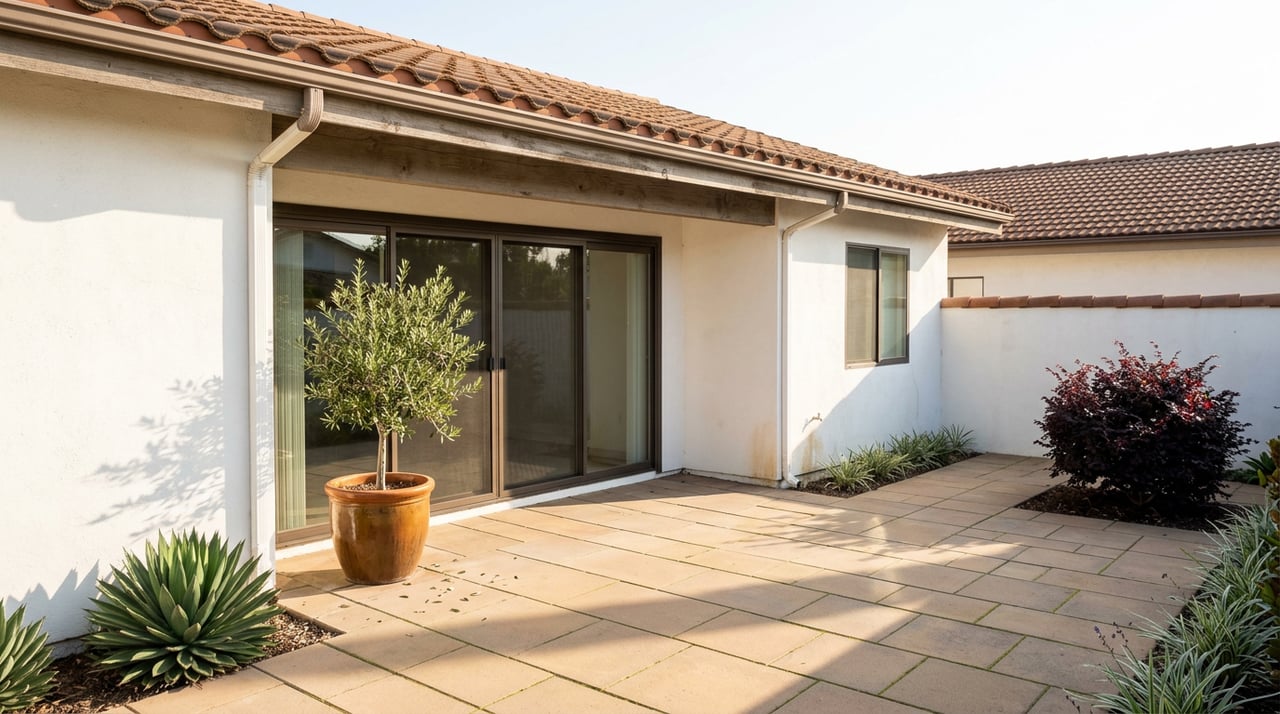 Rear patio with sliding glass doors, terracotta roof tiles, and an olive tree in a large planter.