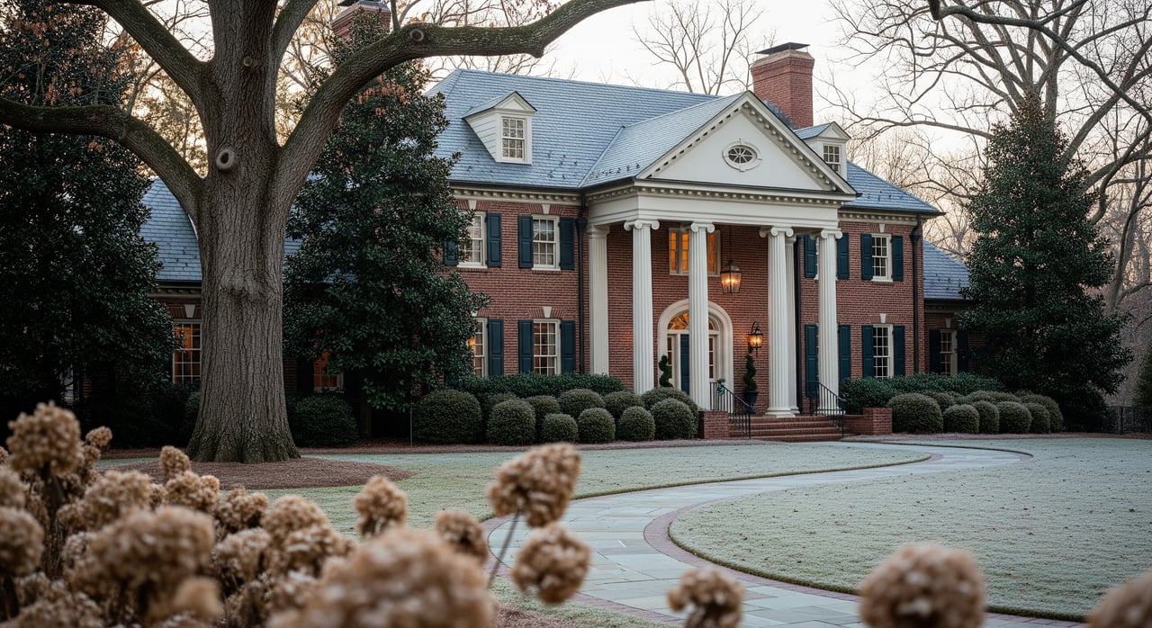 Red-brick mansion with white columns, blue-gray roof, and a circular driveway framed by large trees.